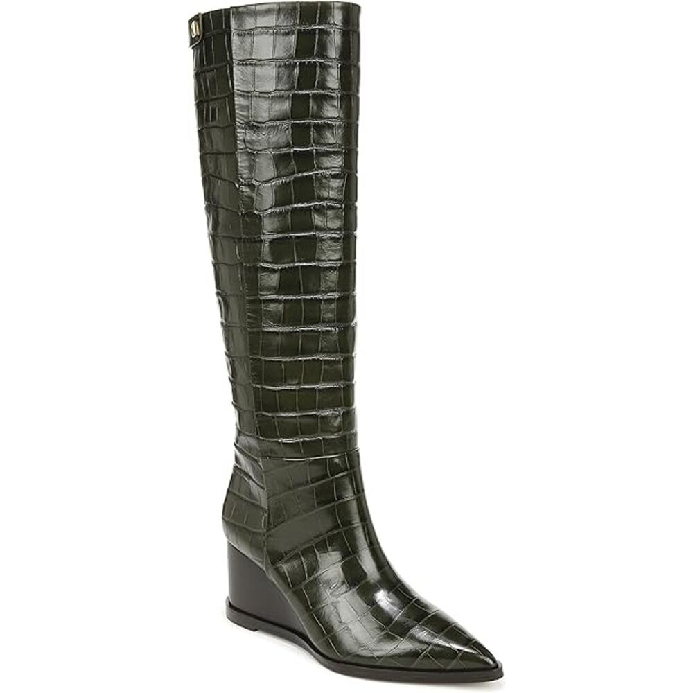 NWT Franco Sarto Estella Pointed Toe Wedge croc Tall Boot olive green sz 7.5M